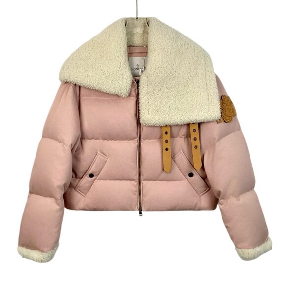 Moncler Pink Puffer Jacket With Shearling Collar Womens - Picture 1 of 8